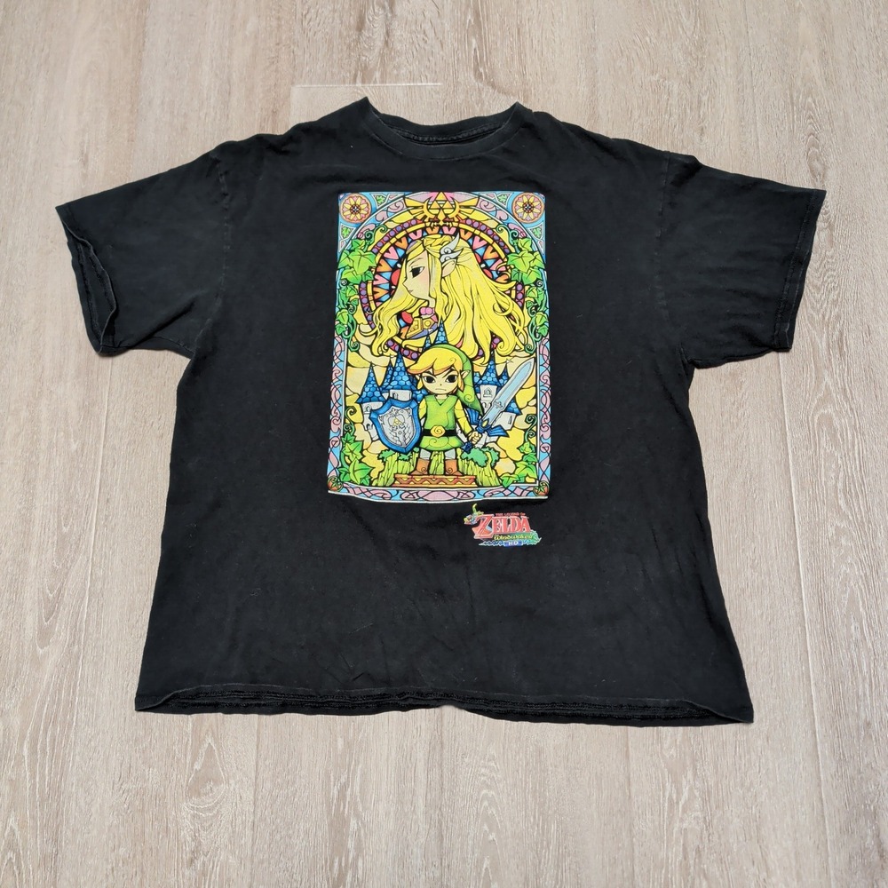 Nintendo Legend of Zelda Wind Waker HD T-Shirt Black XL Stained Glass Link Zelda